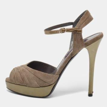 Pre Owned Ralph Lauren Collection Olive Green Suede Ankle Strap Platform Sandals Size 37
