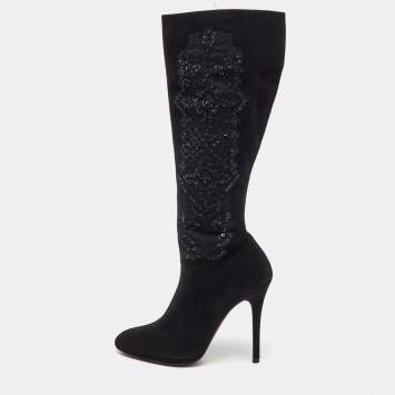 Pre Owned Ralph Lauren Collection Black Suede Embroidered Patchwork Knee Length Boots Size 40