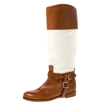 Pre Owned Ralph Lauren Tan/White Canvas and Leather Riding Knee High Boots Size 37