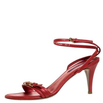 Pre Owned Ralph Lauren Collection Red Leather Horsebit And Buckle Detail Ankle Strap Sandals Size 39