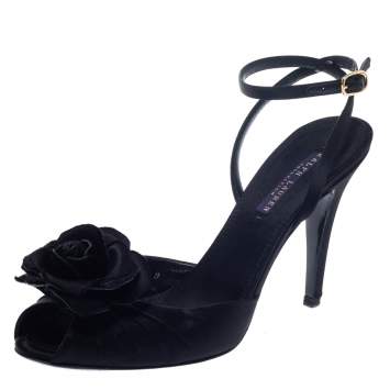 Pre Owned Ralph Lauren Collection Black Satin Rose Peep Toe Ankle Wrap Sandals Size 39