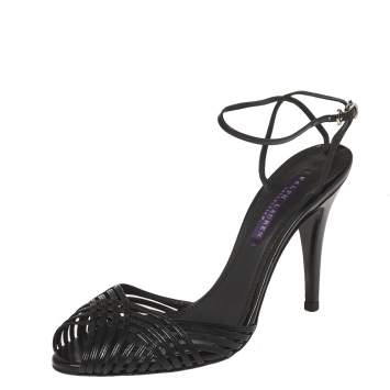 Pre Owned Ralph Lauren Collection Black Leather Peep Toe Ankle Wrap Sandals Size 38
