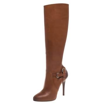 Pre Owned Ralph Lauren  Brown Leather Vivera Buckle Detail Knee Length Boots Size 36.5