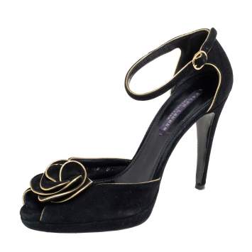 Pre Owned Ralph Lauren Collection Black Suede Rose Peep Toe Ankle Wrap Sandals 38