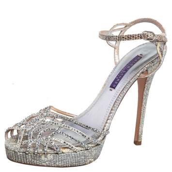 Pre Owned Ralph Lauren Collection Grey/White Snake Embossed Leather Crystal Embellished Platform Sandals Size 38.5