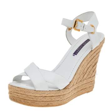 Pre Owned Ralph Lauren Collection White Leather Criss Cross Espadrilles Platform Wedge Ankle Strap Sandals Size 40
