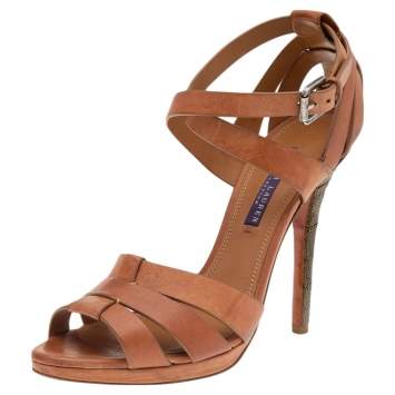 Pre Owned Ralph Lauren Collection Brown Leather Ankle Strap Sandals Size 40.5