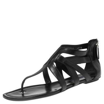 Pre Owned Ralph Lauren Black Leather T-Strap Flat Sandals Size 40