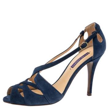 Pre Owned Ralph Lauren Collection Navy Blue Suede Crisscross Strap Sandals Size 40