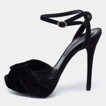Pre Owned Ralph Lauren Collection Black Velvet Platform Ankle Strap  Sandals Size 37