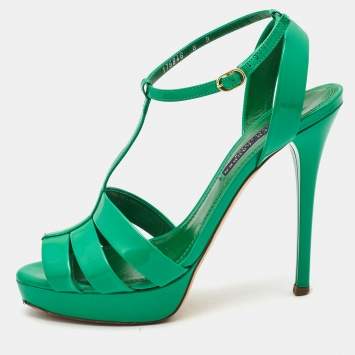 Pre Owned Ralph Lauren Collection Green Patent Leather T Strap Peep Toe Sandals Size 38