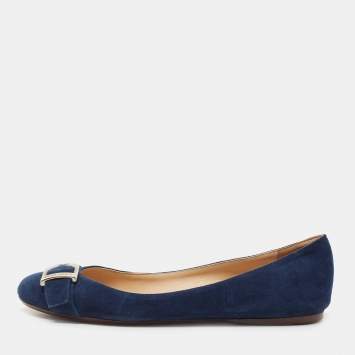 Pre Owned Ralph Lauren Collection Navy Blue Suede D Buckle Ballet Flats Size 36