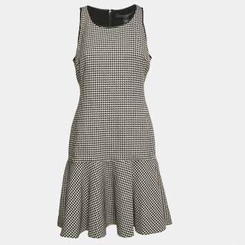 Pre Owned Ralph Lauren Black/White Houndstooth Wool Flounce Mini Dress M
