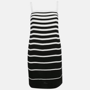 Pre Owned Ralph Lauren Black/White Stripe Crepe Mini Dress M