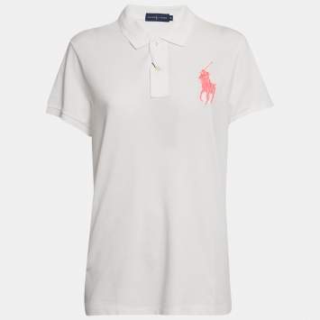 Pre Owned Ralph Lauren White Cotton Pique Pink Pony Polo T-Shirt XL
