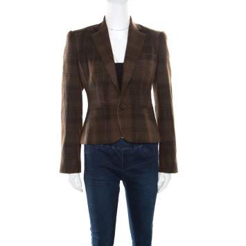 Pre Owned Ralph Lauren Brown Cashmere Tartan Plaid Cropped Edmund Blazer S
