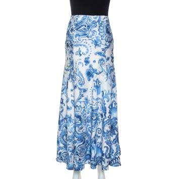 Pre Owned Ralph Lauren White and Blue Paisley Print Silk Bria Maxi Skirt M