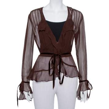 Pre Owned Ralph Lauren Brown Silk Ruffle detail Sheer Top L