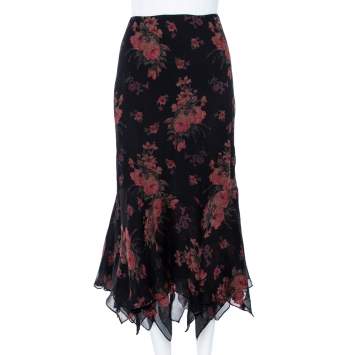 Pre Owned Ralph Lauren Black Floral Printed Silk Gathered Detailed Midi Skirt M
