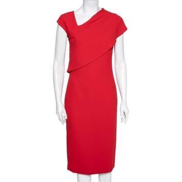 Pre Owned Ralph Lauren Red Crepe Overlay Detailed Midi Sheath Dress S 