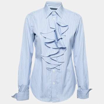 Pre Owned Ralph Lauren Blue Striped Cotton Ruffle Trimmed Button Front Shirt M