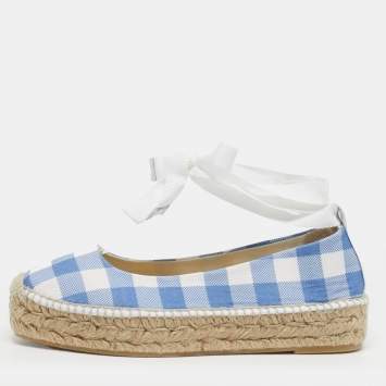 Pre Owned حذاء فلات إسبادريل بولو رالف لورين قماش أزرق/أبيض مقاس 36.5 gingham