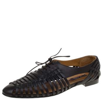 Pre Owned Ralph Lauren Black Leather Quilissa Cut Out Oxfords Size 39.5
