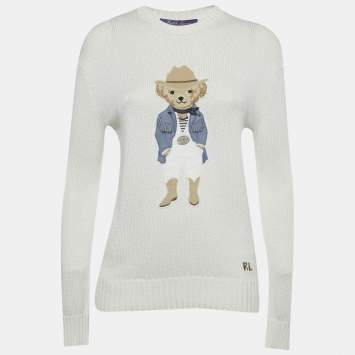 Pre Owned Polo Ralph Lauren Ivory Suede Teddy Applique Knit Sweater XS