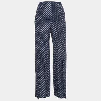 Pre Owned Ralph Lauren Purple Label Blue Printed Silk High Slit Wide-Leg Pants M