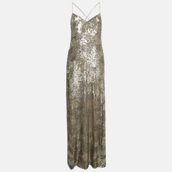 Pre Owned Ralph Lauren Purple Label Brown Sequin Maxi Slip Dress M