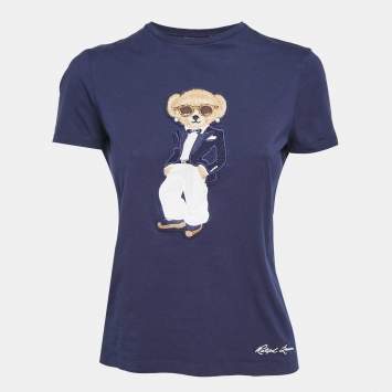 Pre Owned Ralph Lauren Purple Label Navy Blue Teddy Applique Crew Neck T-Shirt S