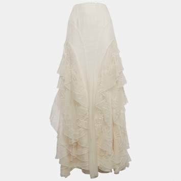 Pre Owned Ralph Lauren Purple Label Ivory Embroidered Organza Silk Ruffled Maxi Skirt S