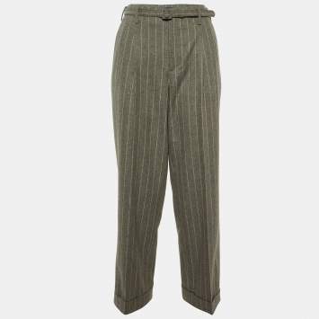 Pre Owned Ralph Lauren Grey Striped Wool Belted Formal Trousers S