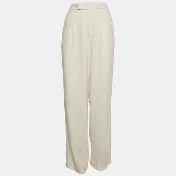 Pre Owned Ralph Lauren Purple Label Off-White Crepe Contrast Trim Straight Leg Trousers M