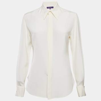 Pre Owned Ralph Lauren Purple Label Off-White Silk Button Front Shirt M