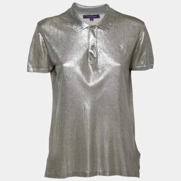 Pre Owned Ralph Lauren Purple Label Silver Metallic Silk-Knit Polo T-Shirt M
