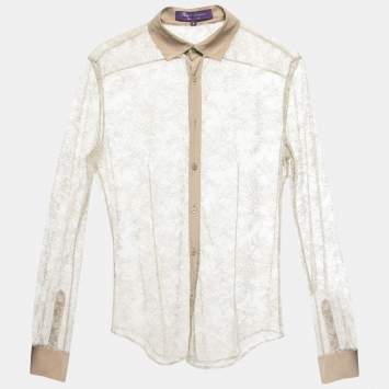 Pre Owned Ralph Lauren Purple Label Beige Lace Crepe Trimmed Button Front Shirt Blouse M