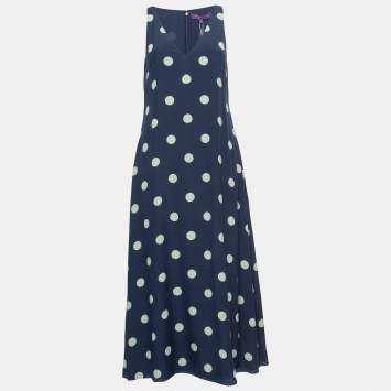 Pre Owned Ralph Lauren Purple Label Navy Blue Polka Dot Printed Silk Sleeveless A-Line Maxi Dress M