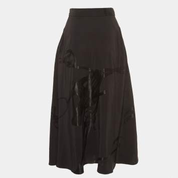 Pre Owned Ralph Lauren Purple Label Black Patterned Crepe Midi Skirt S