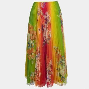 Pre Owned Ralph Lauren Purple Label Multicolor Floral Print Mesh Pleated Skirt M