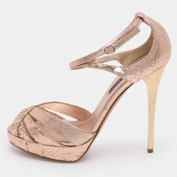 Pre Owned صندل رالف لورين بيربل ليبل جلد ثعبان ذهبي وردي بحزام للكاحل مقاس 40.5