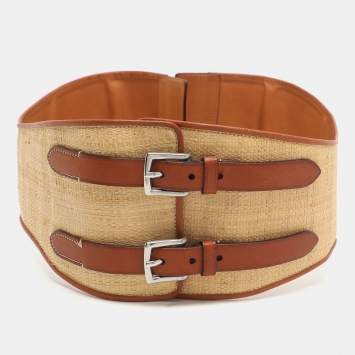 Pre Owned Ralph Lauren Medium Waist Belt Brown Leather and Straw