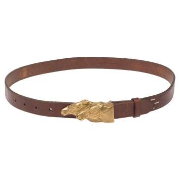 Pre Owned Ralph Lauren Brown Leather Double Horse Head Buckle Belt 90CM