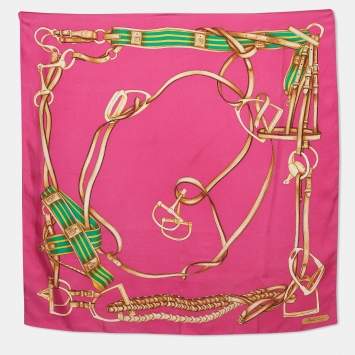 Pre Owned Ralph Lauren Pink  Horse Harness Print Silk Scarf