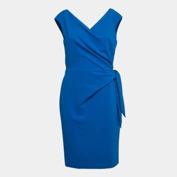 Pre Owned Ralph Lauren Blue Crepe Gathered V Neck Dress M