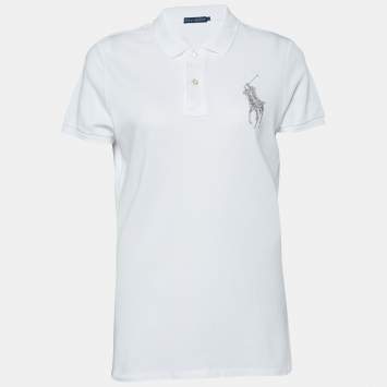 Pre Owned Ralph Lauren White Cotton Pique Logo Embellished Polo T-Shirt L