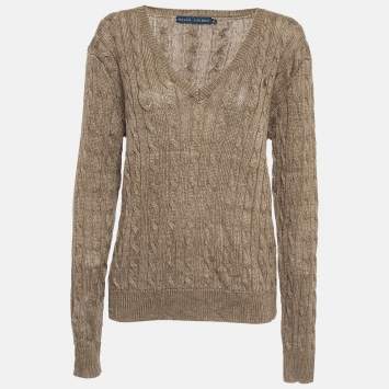 Pre Owned Ralph Lauren Brown Linen Cable Knit V-Neck Sweater XL