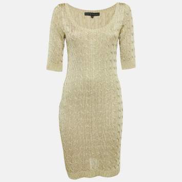 Pre Owned Ralph Lauren Gold Cable Lurex Knit Mini Dress M