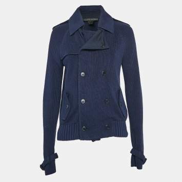 Pre Owned Ralph Lauren Navy Blue Rib Knit Double Breasted Jacket M