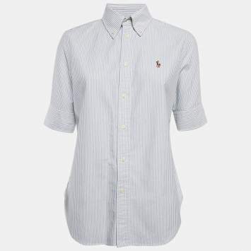 Pre Owned Ralph Lauren White/Blue Stripe Cotton Half Sleeve Shirt M